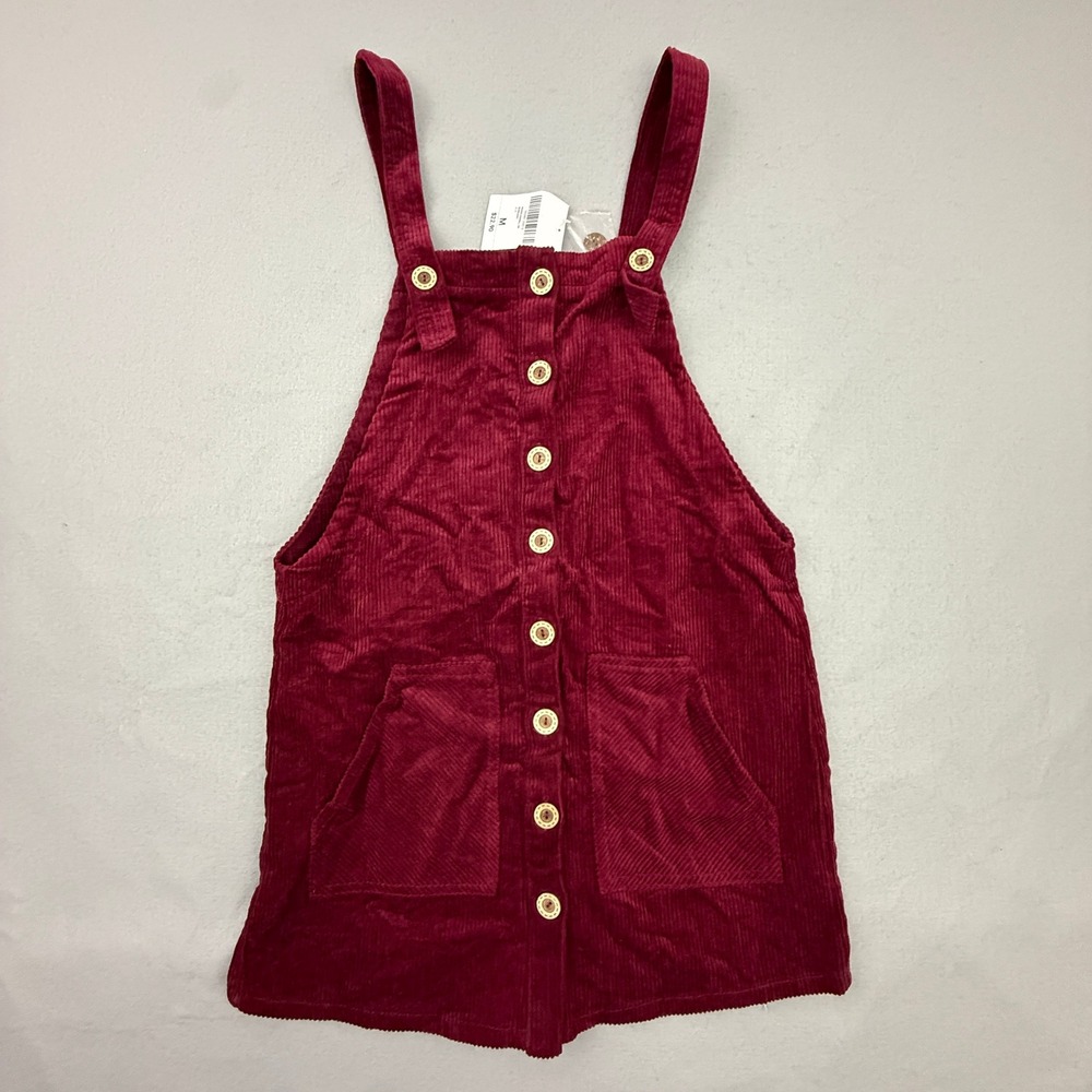Forever 21 Overall Dress Women Medium Burgundy Corduroy Button Front Mini New